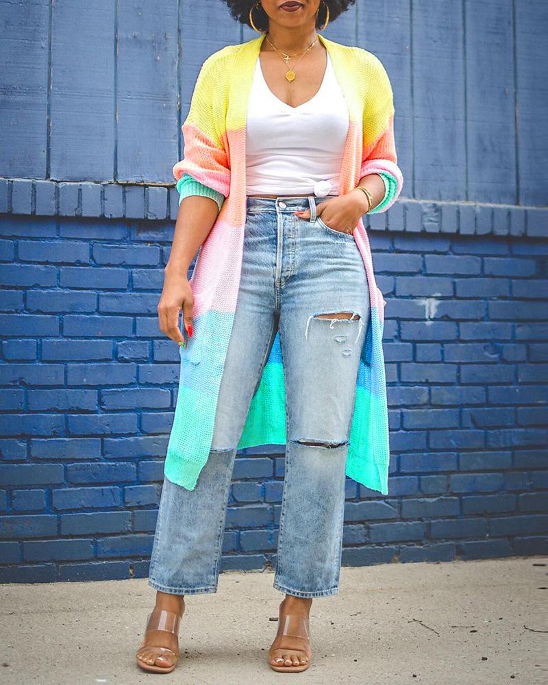 

Colorblock Long Sleeve Pocket Design Cardigan, Pink