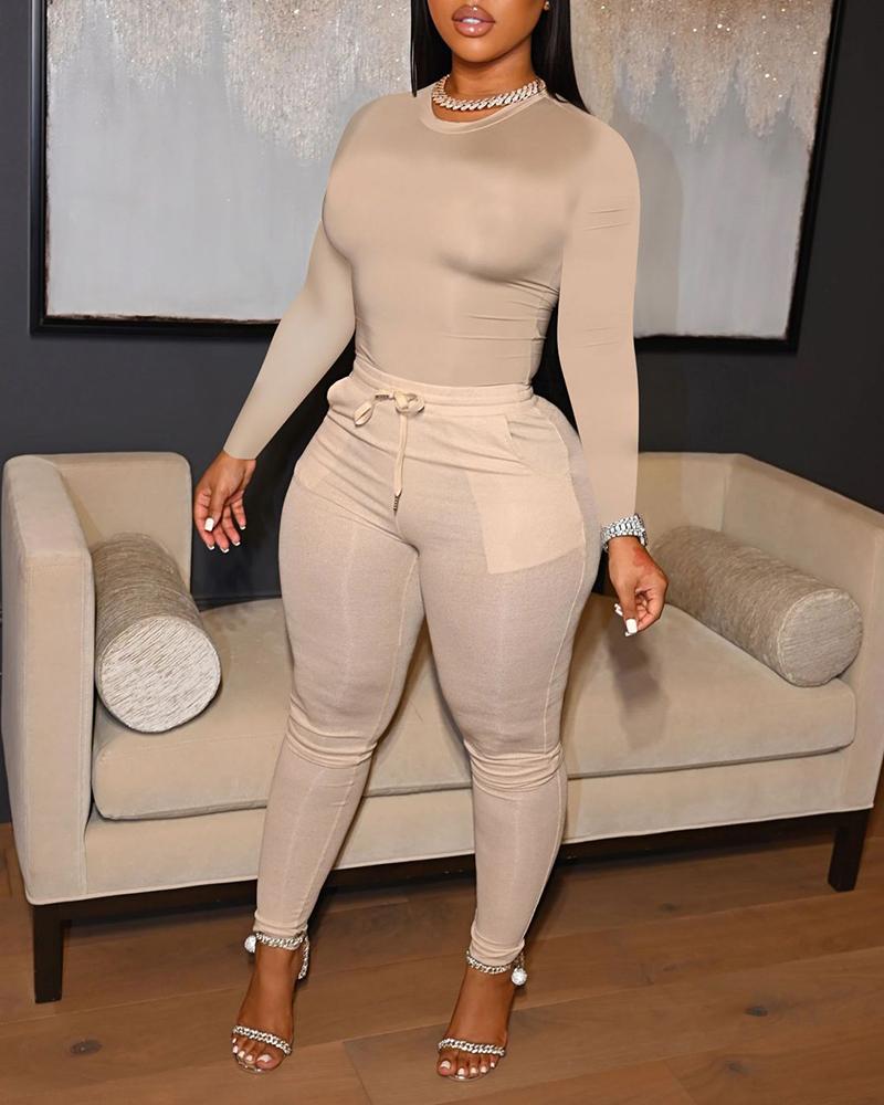 

O Neck Long Sleeve Top & Drawstring Pocket Design Pants Set, Khaki