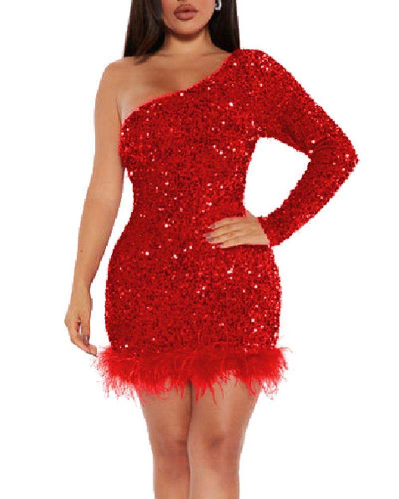 

One Shoulder Feather Detail Party Sequin Dress, Red