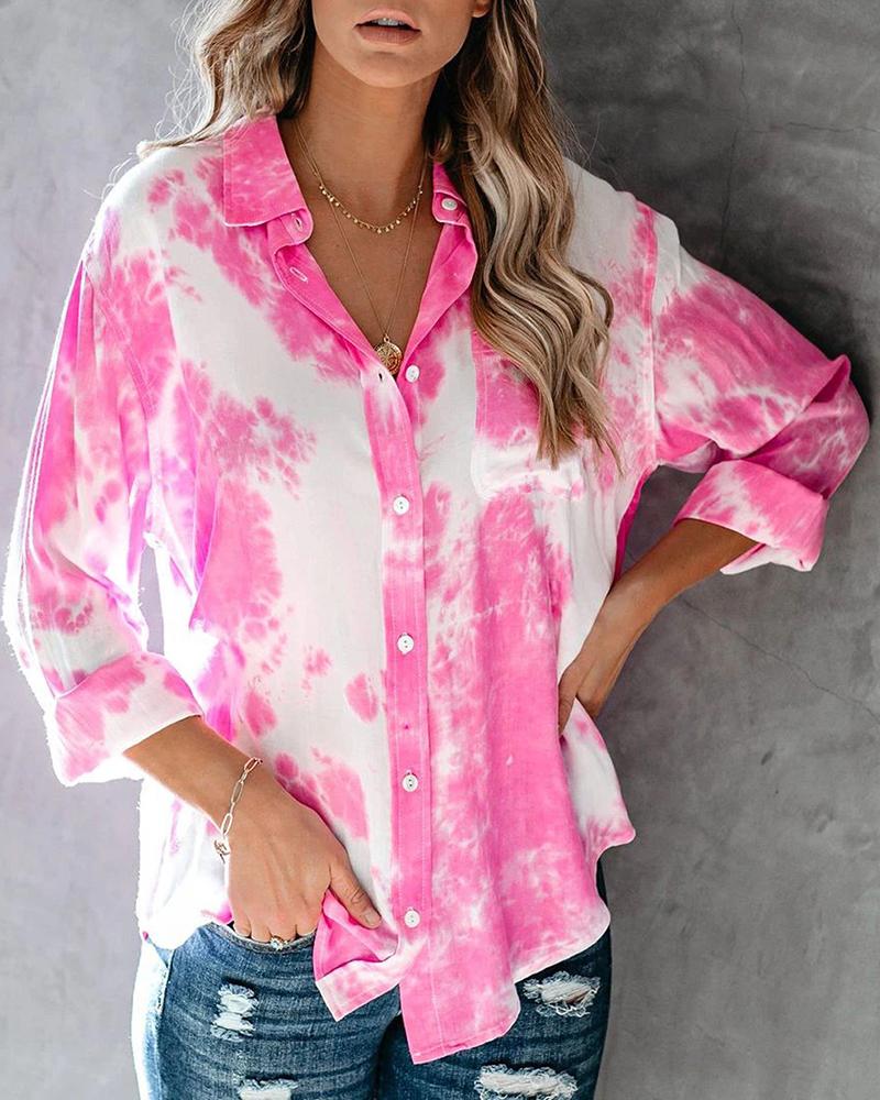 

Tie Dye Print Buttoned Pocket Design Casual Shirt, Pink