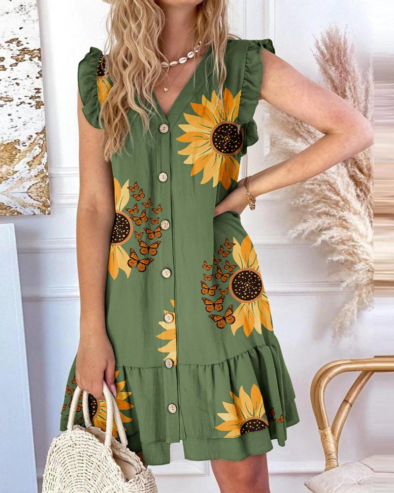 

Sunflower Butterfly Print Ruffle Hem Casual Dress, Green