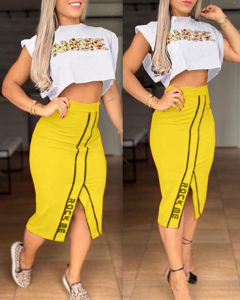 

Letter Print Sleeveless Cropped Tanks With Slit Midi Skirts Suit Sets, Style2