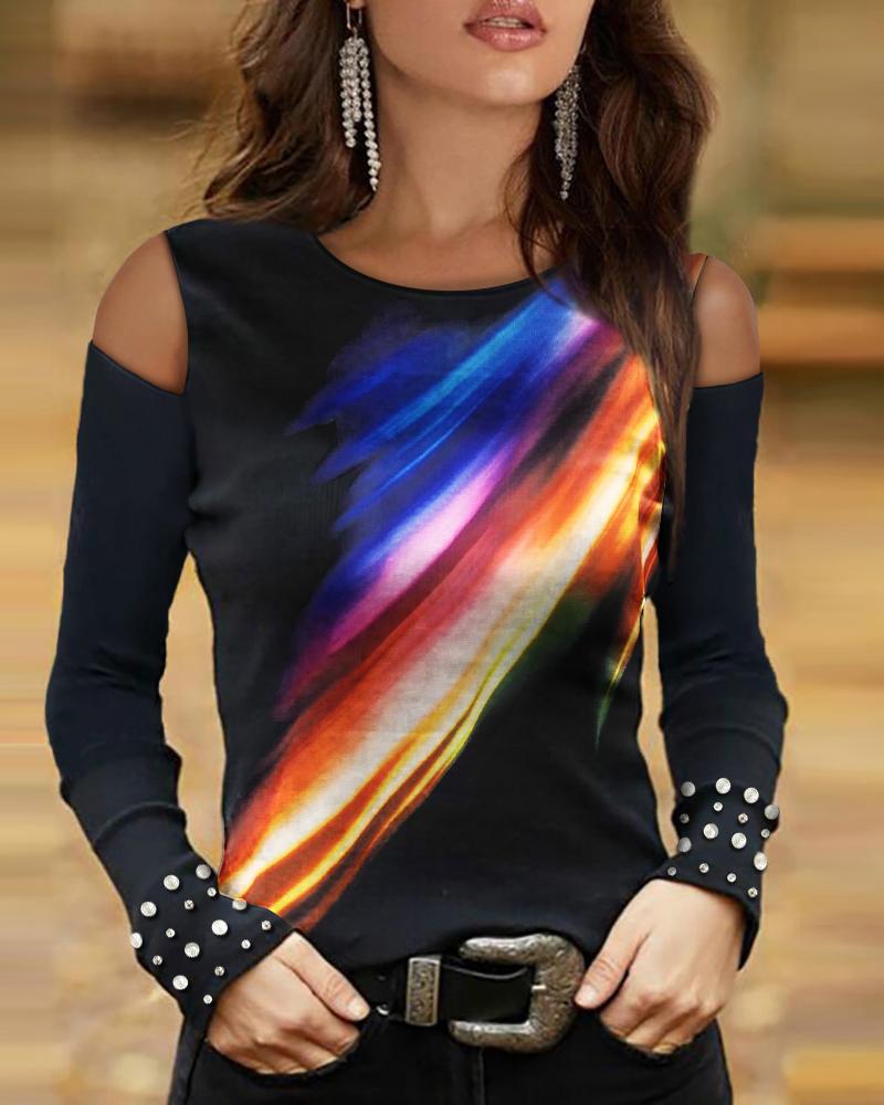 

Aurora Print Long Sleeve Cutout Top, Black