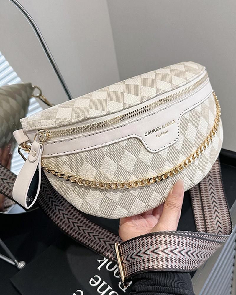 

Argyle Chain Decor Wide Strap Shoulder Bag, White