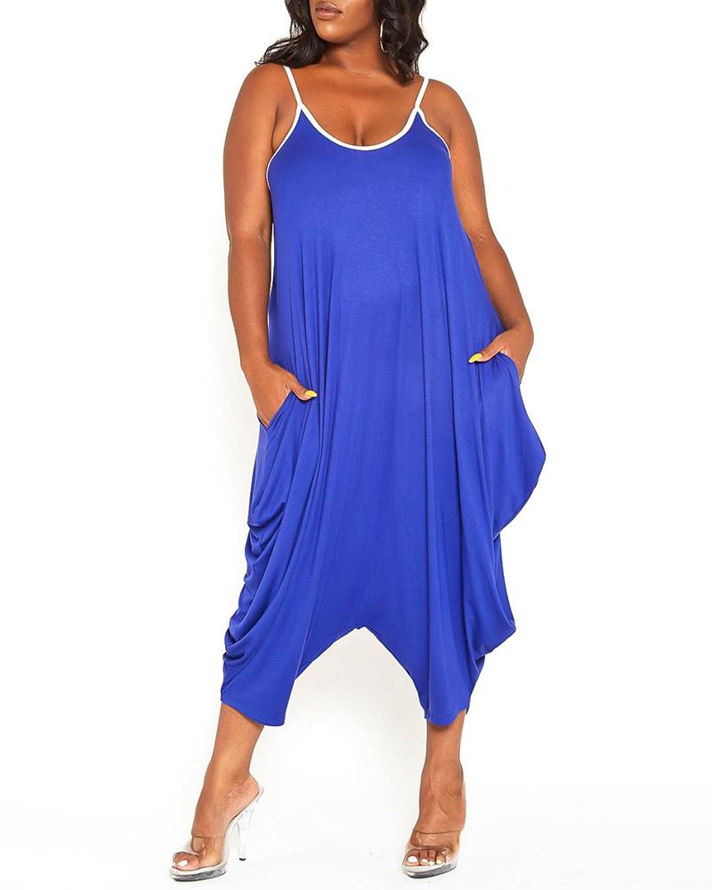 

Colorblock Ruched Harem Pocket Decor Jumpsuit, Blue