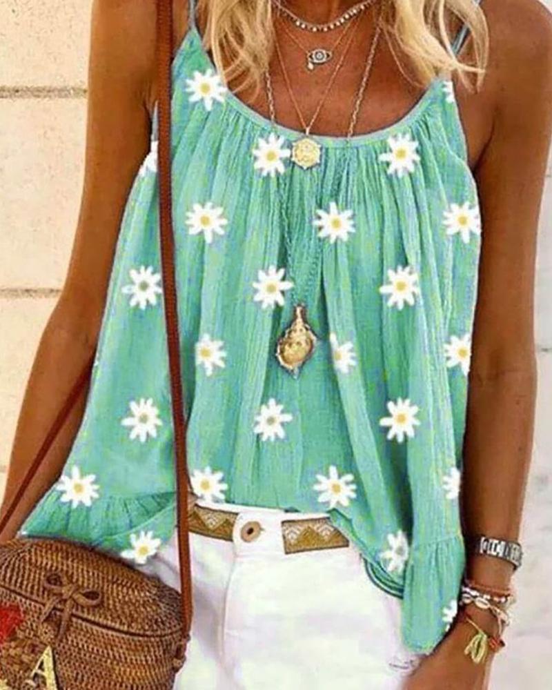 

Daisy Print Ruched Cami Top, Green