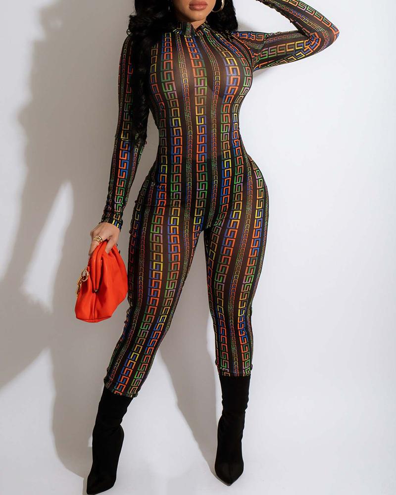 

Geometric Print Mock Neck Long Sleeve Jumpsuit, Black