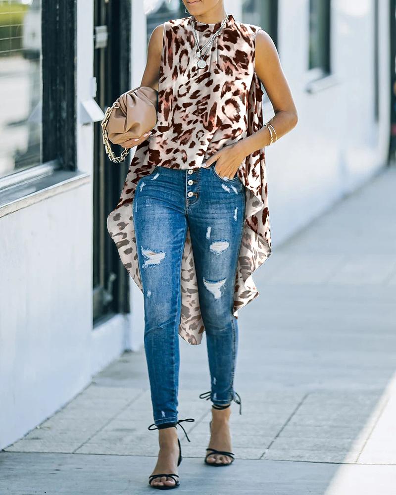 

Leopard Print Sleeveless Asymmetrical Dip Hem Top
