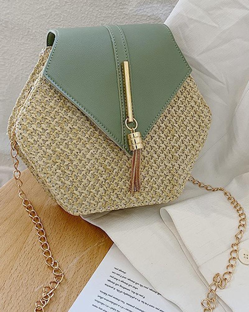 

Colorblock Tassel Design Hexagonal Shaped Straw Shoulder Bag, Green