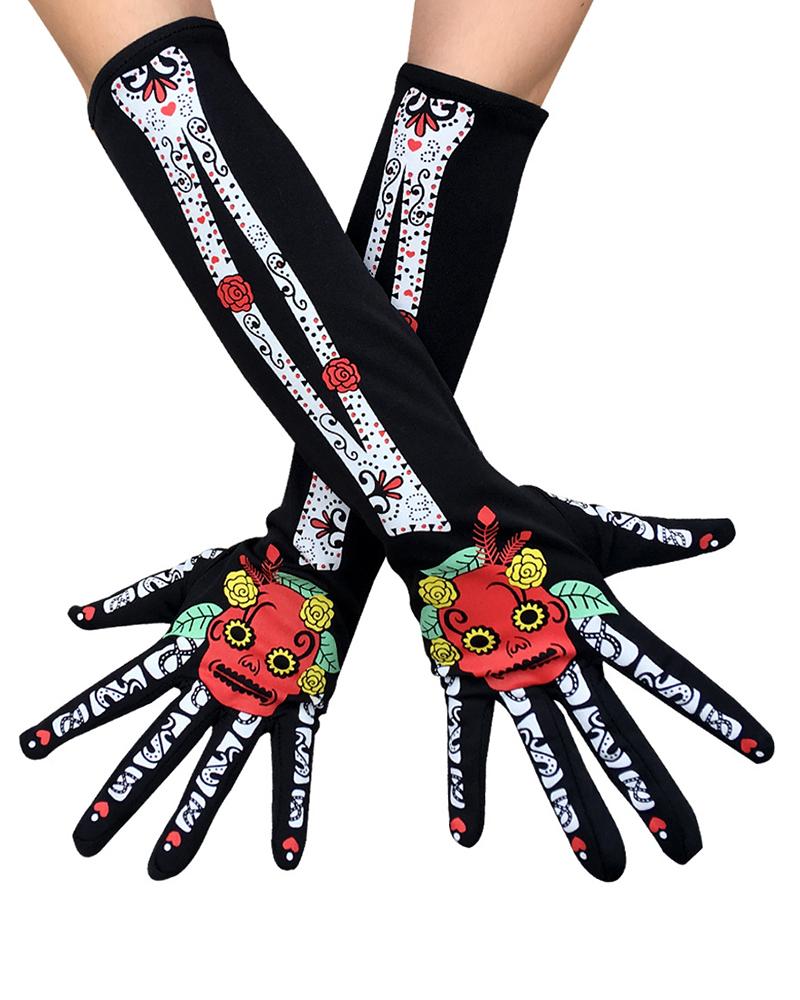 

Halloween Floral Skull Pattern Print Long Gloves, Red