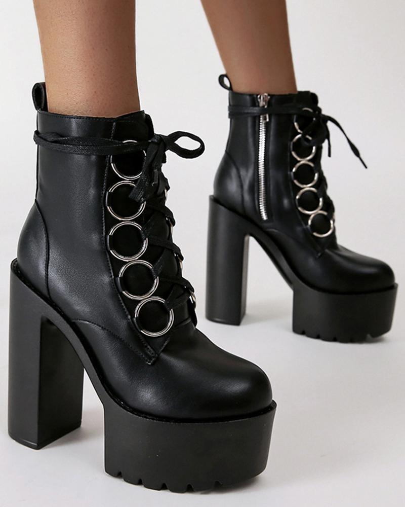 

Womens Round Toe Wax Finish Lace-Up High Heel Boots, Black