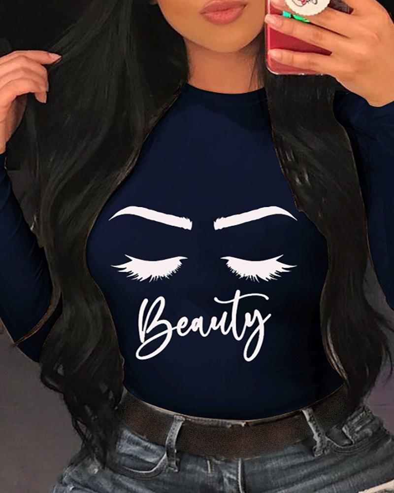 

Eyes Letter Print Casual Sweatshirt, Dark blue