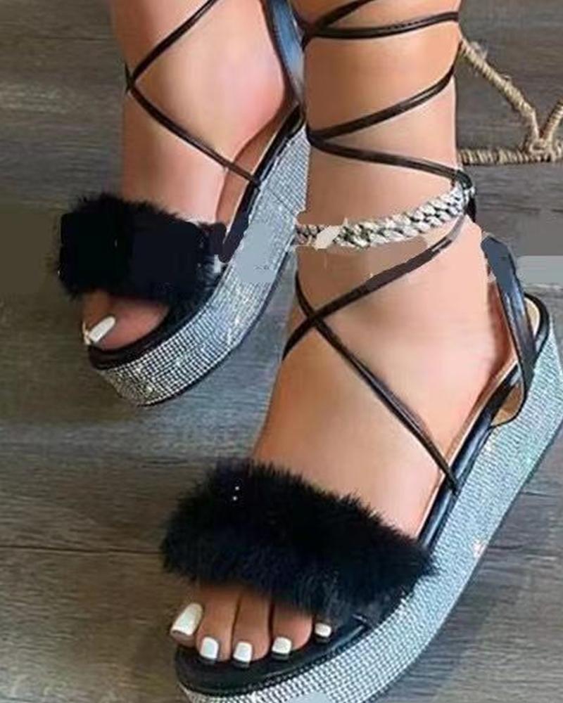 

Multicolor Fluffy Upper Strappy Flat Sandals, Black