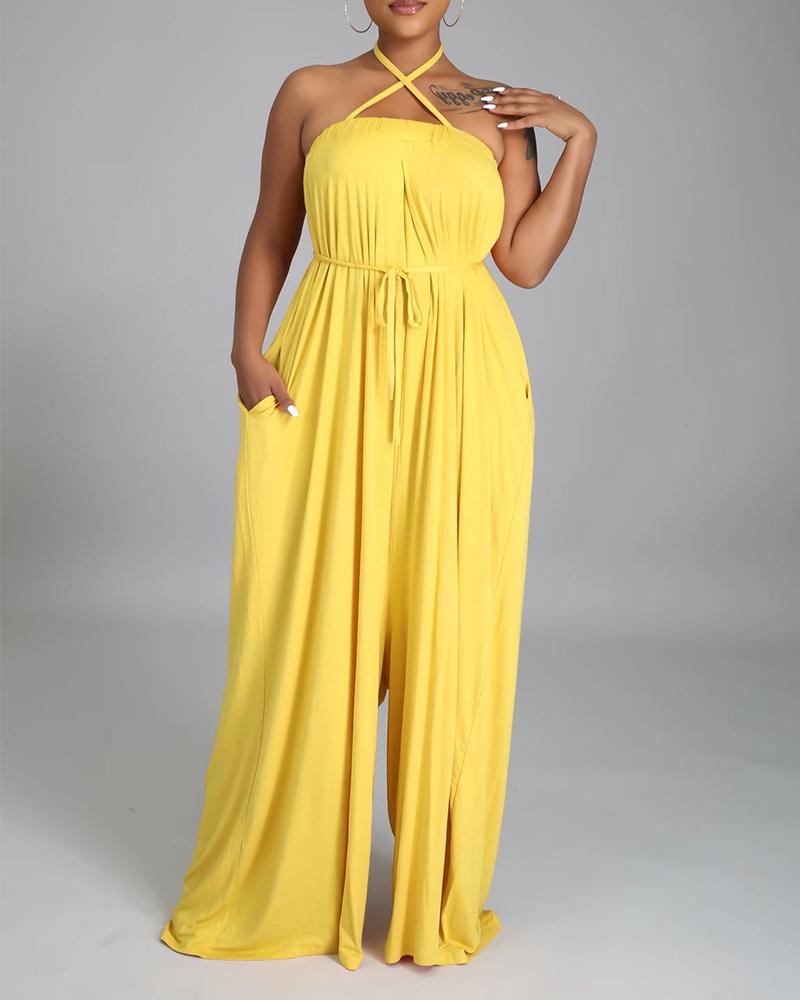 

Solid Color Sleeveless Pocket Self Tie Wide Leg Jumpsuit, Yellow