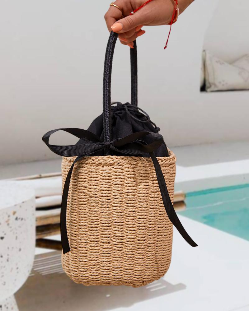 

Tied Detail Top Handle Straw Bag, Coffee