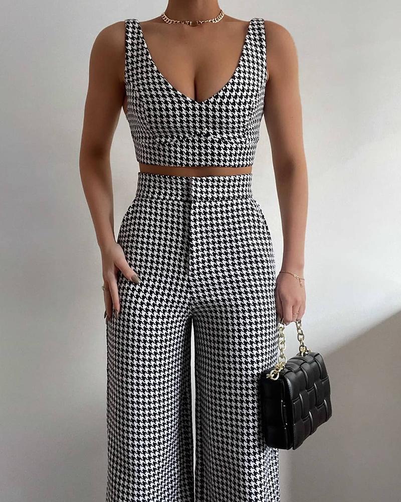 

Houndstooth Print Crop Tank Top & High Waist Pants Set, Black