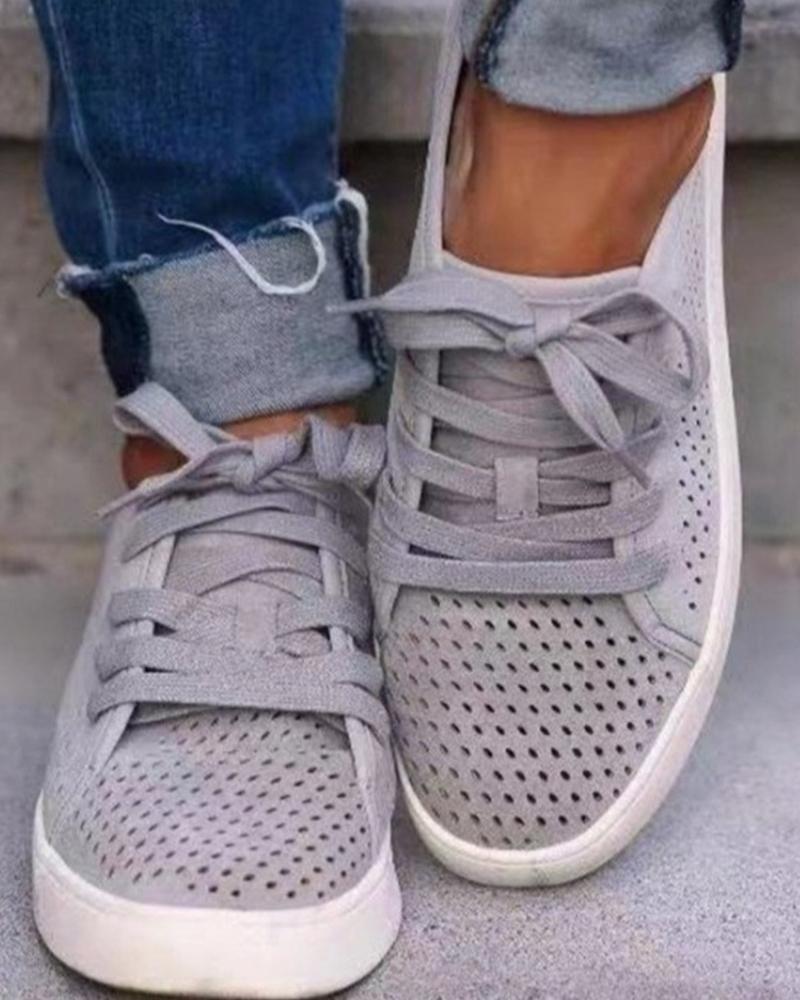 

Round-toe Solid Color Lace-up Hollow-out Suede Sneakers, Gray