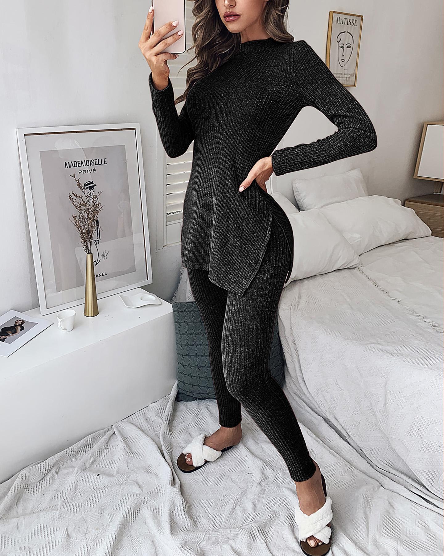 

Slit Long Sleeve High Neck Knit Pajamas Set, Black