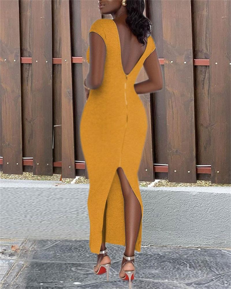 

Letter Print Zip Detail Backless Bodycon Dress, Yellow