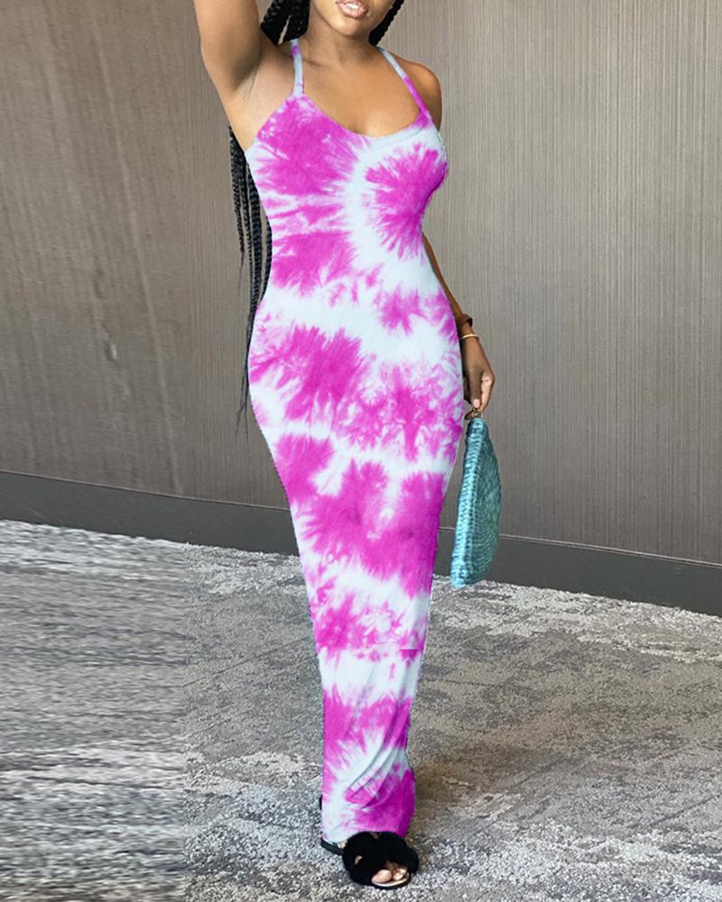 

Halter Tie Dye Print Maxi Dress, Hot pink