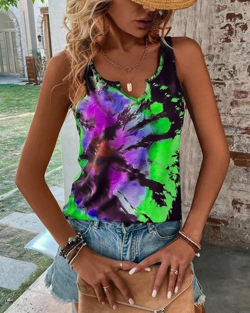 

Tie Dye Print Notch Neck Sleeveless Tank Top, Green