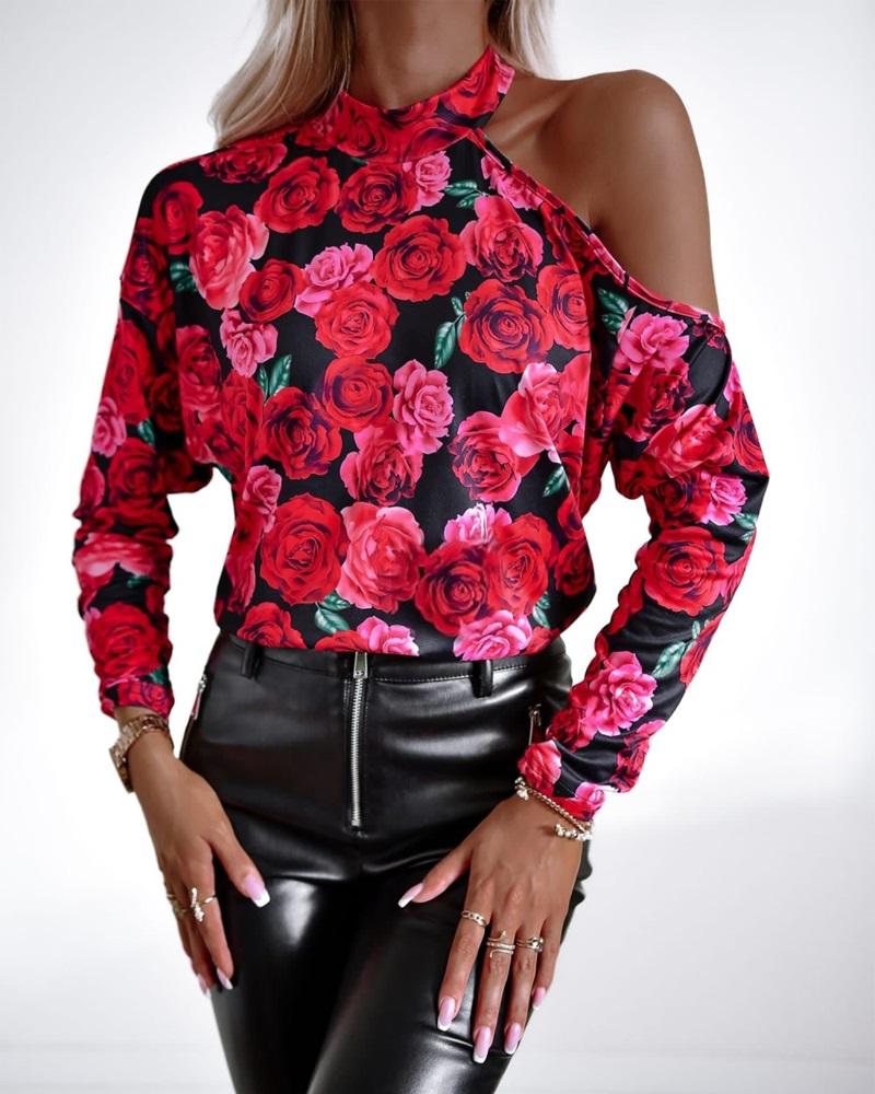 

Floral Print Cold Shoulder Long Sleeve Top, Hot pink