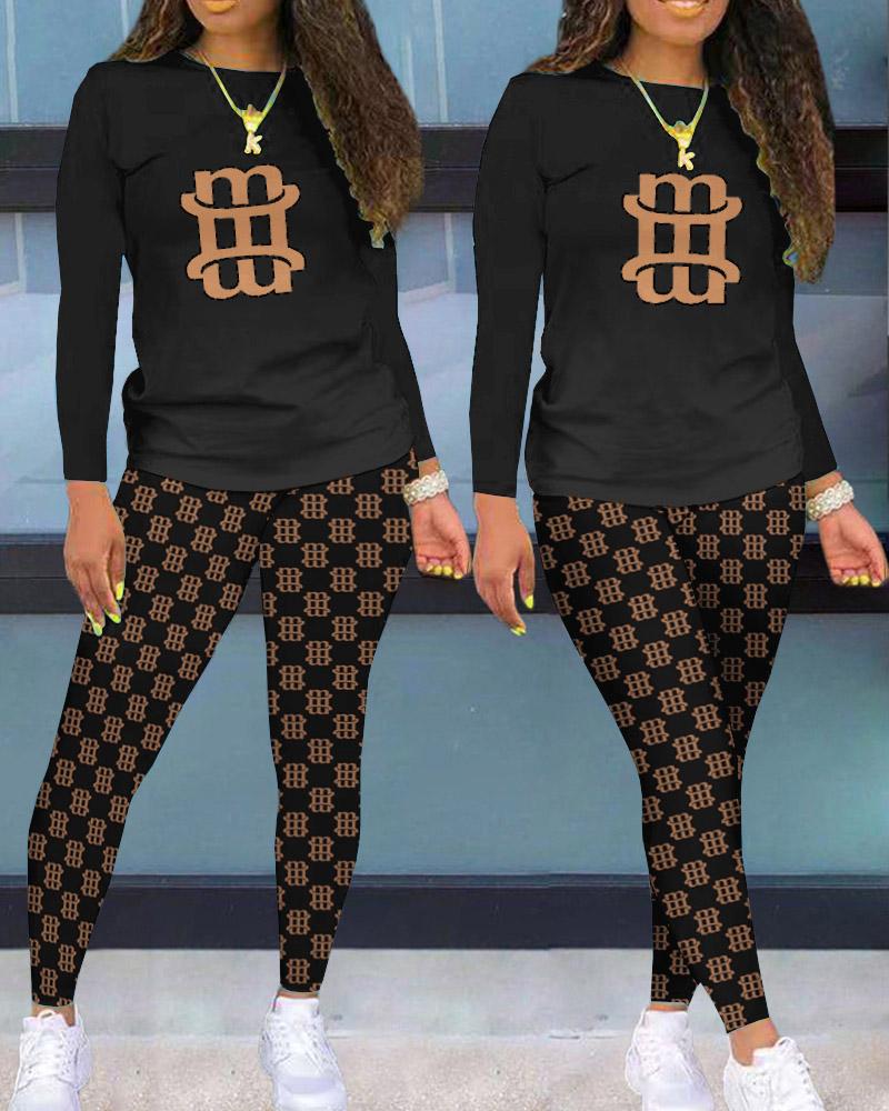 

ChicMe Long Sleeve Letter Print Top & Pants Set, Black