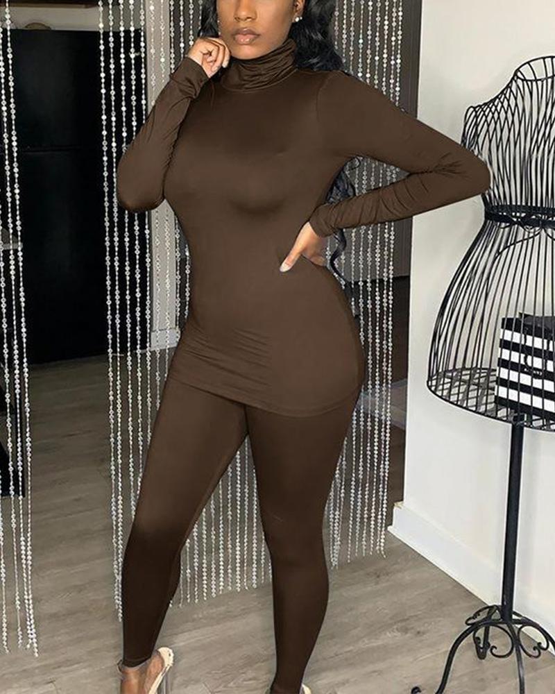

Solid Color Long Sleeve Skinny Sporty Suit Sets, Coffee