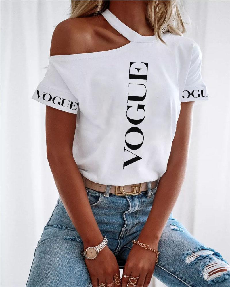 

Letter Print Cold Shoulder Casual T-shirt, White