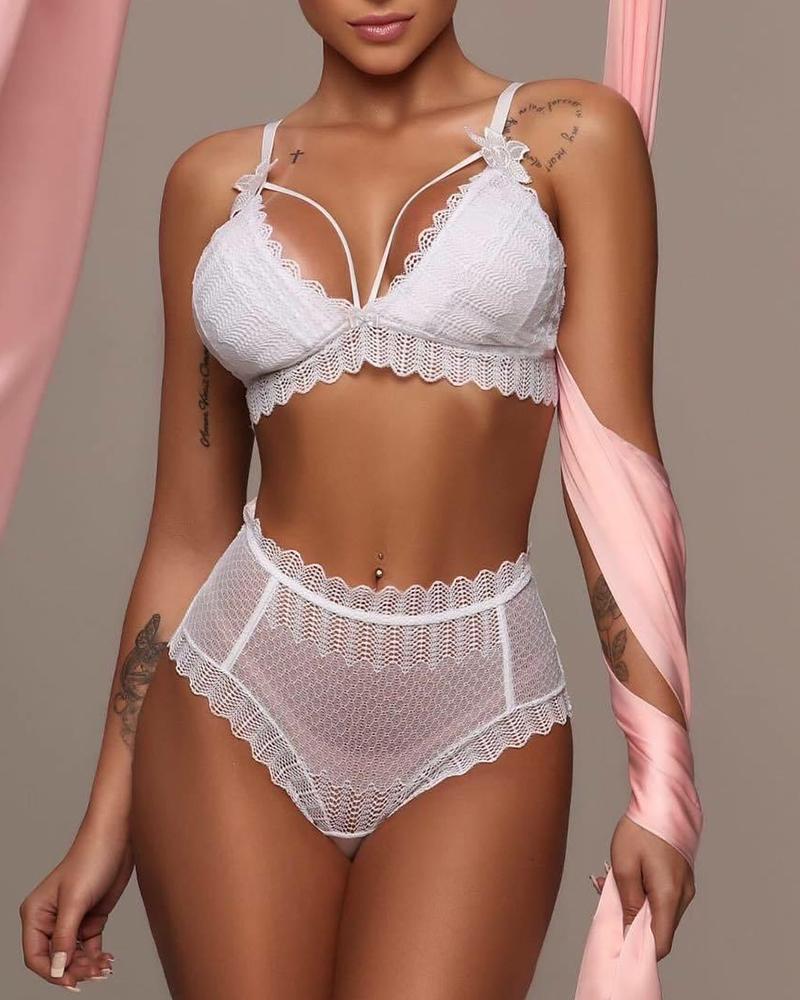 

Solid Lace Patchwork Skinny Cut-out Bra With Panties Sexy Sets, White