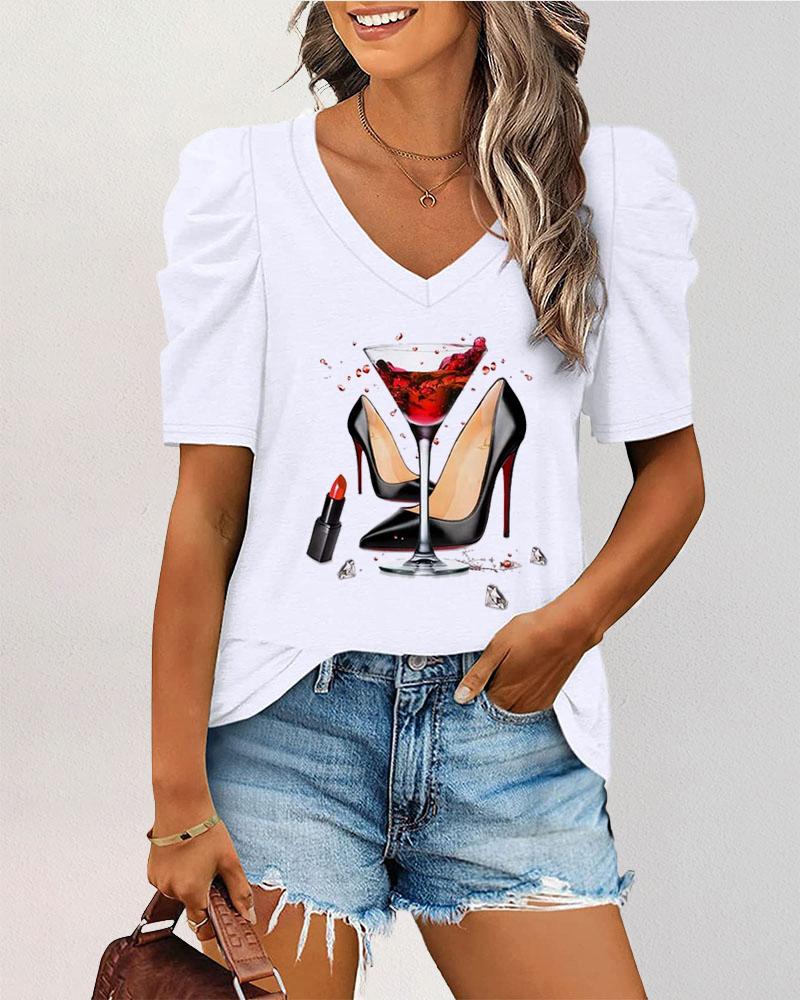 

Wine Glass Print V-Neck Puff Sleeve Casual T-shirt, White