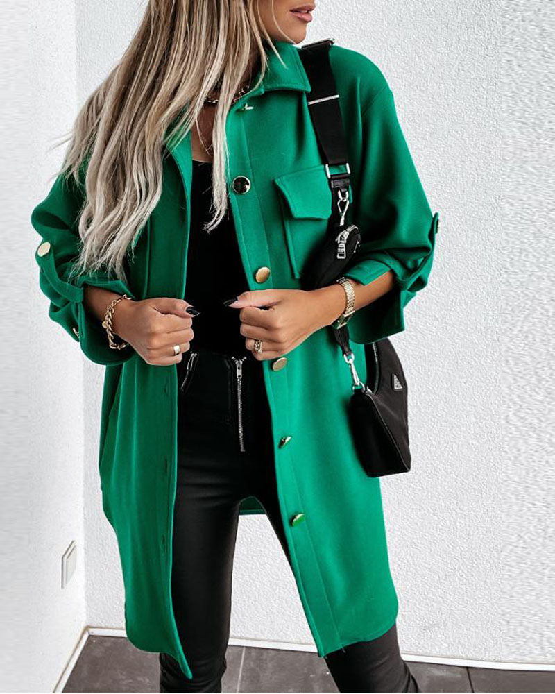 

Flap Detail Roll Up Sleeve Buttoned Shacket, Green