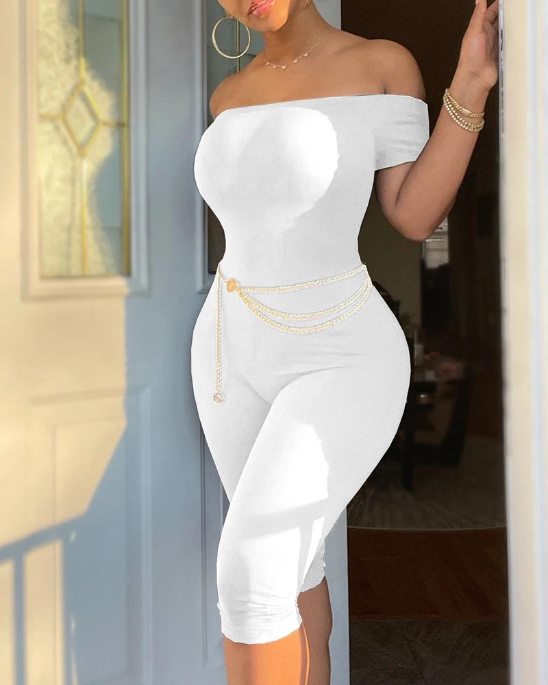 

Off Shoulder Short Sleeve Skinny Jumpsuit (With Chain Strap), White