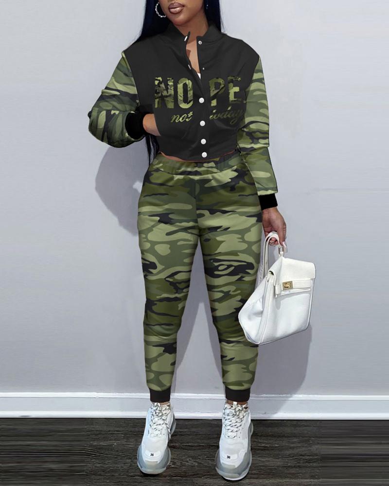 

Camo Letter Print Button Front Bomber Jacket & Pants Set, Camoflage