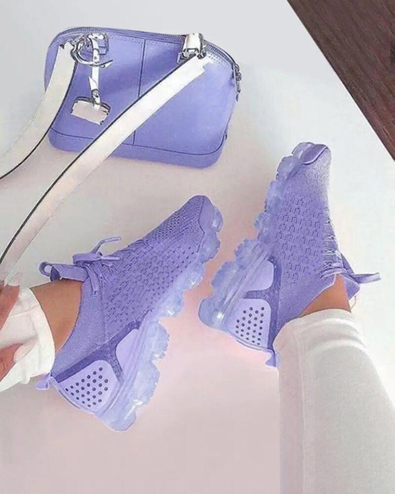 

Knit Lace-up Hidden Wedge Sneakers, Purple