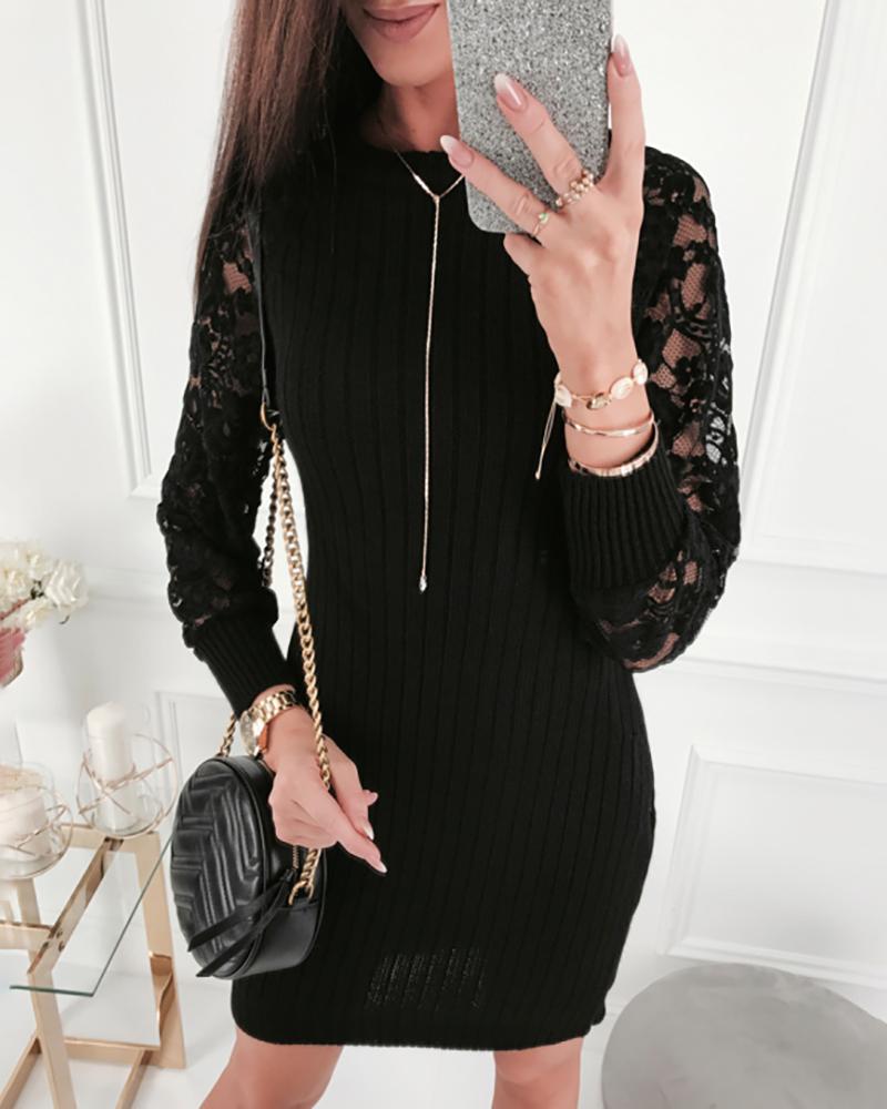 

Lace Insert Ribbed Long Sleeve Cut Out Bodycon Dress, Black