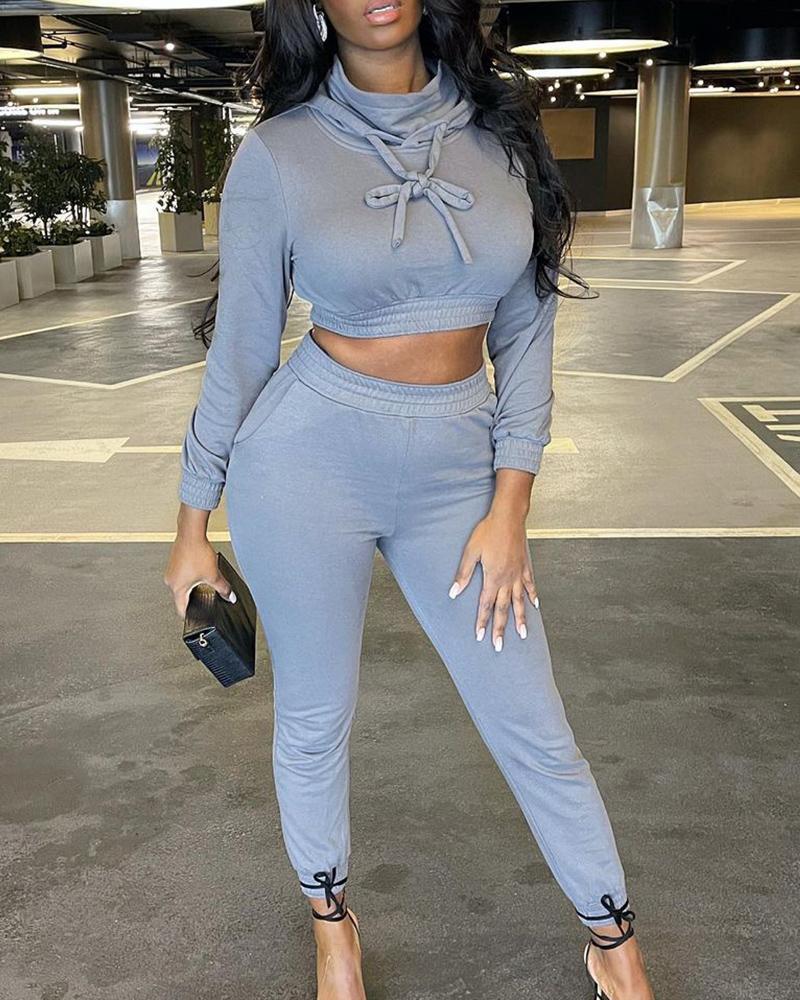 

Long Sleeve Crop Drawstring Hoodie & Pants Set, Gray
