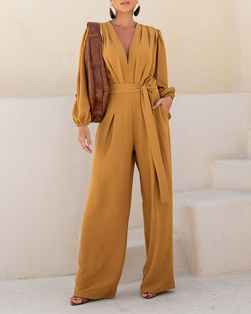 

Macacão casual com manga bufante, decote em V profundo, cintura amarrada, detalhes, franzido, texturizado, solto, com bolsos, Brown