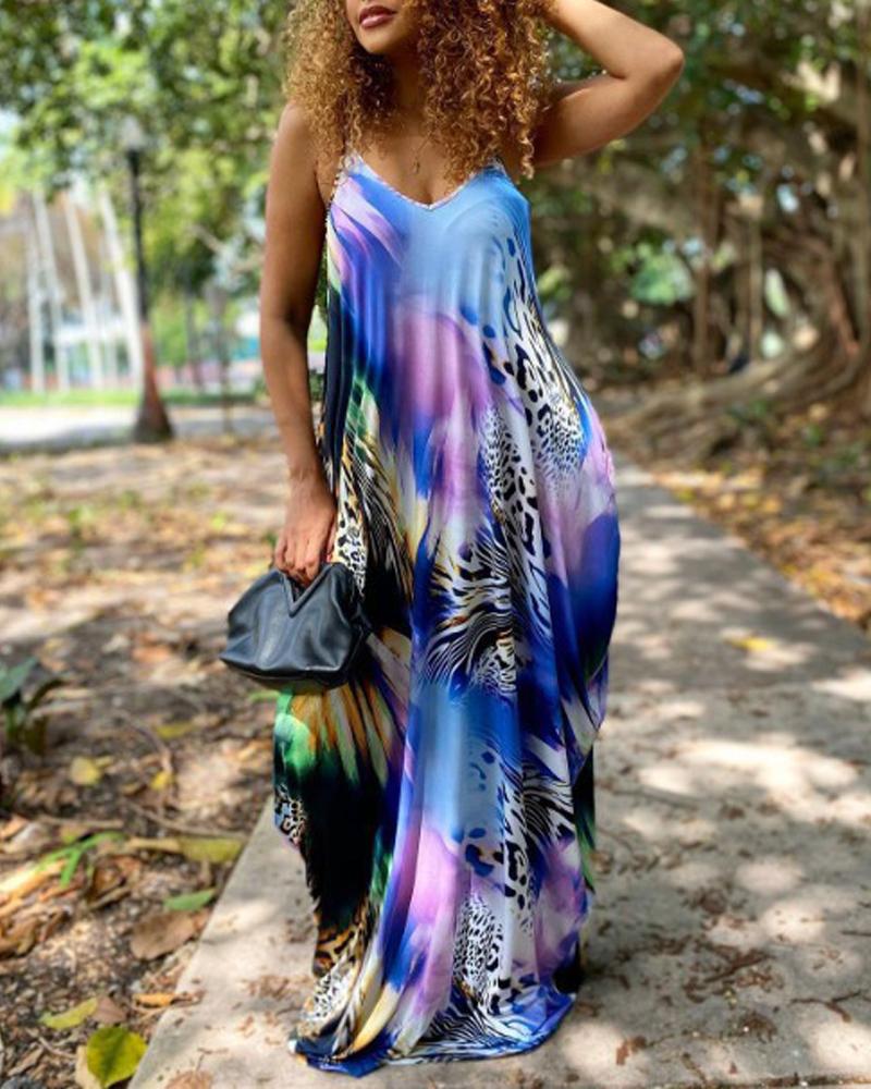 

Plus Size Leopard Tie Dye Print Spaghetti Strap Maxi Dress, Blue