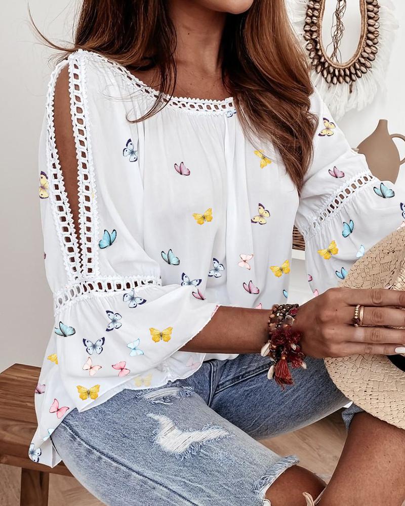 

Butterfly Contrast Lace Flared Sleeves Top, White