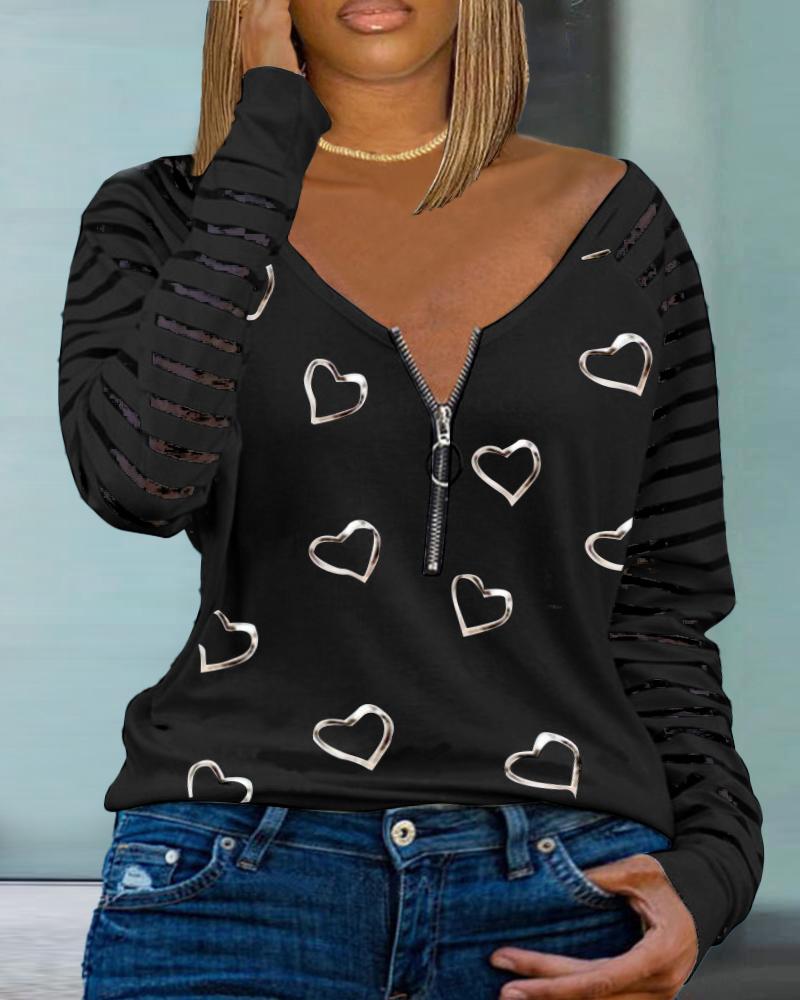 

Plus Size Heart Print Zip Front Contrast Mesh Long Sleeve Top, Black