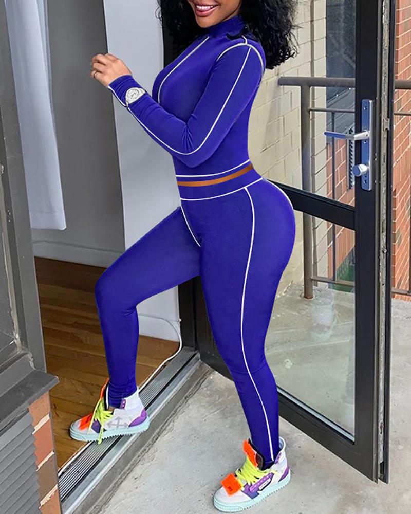 

Mock Neck Long Sleeve Top & High Waist Pants Set, Blue