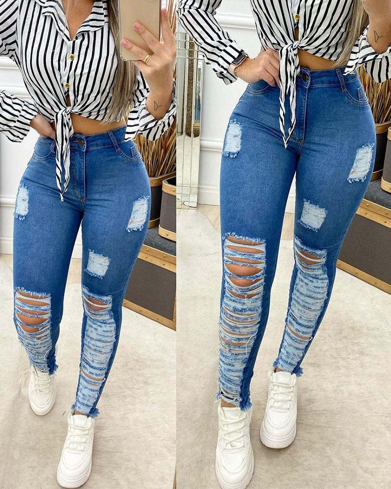 

Ripped Raw Hem Skinny Jeans, Blue