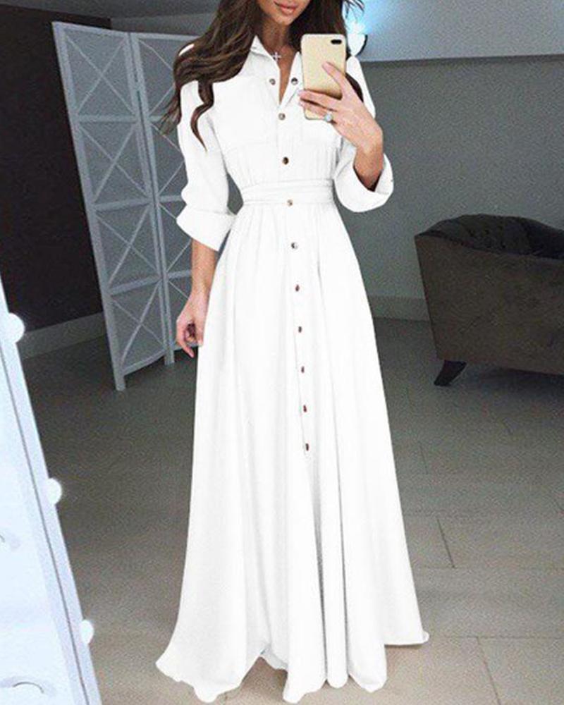 

Button Design Long Sleeve Maxi Dress, White