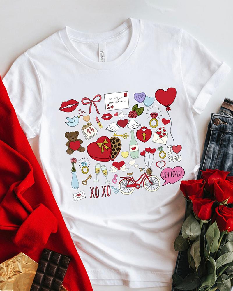 

Valentine' Day Heart Flower Graphic Print Short Sleeve T-shirt, White