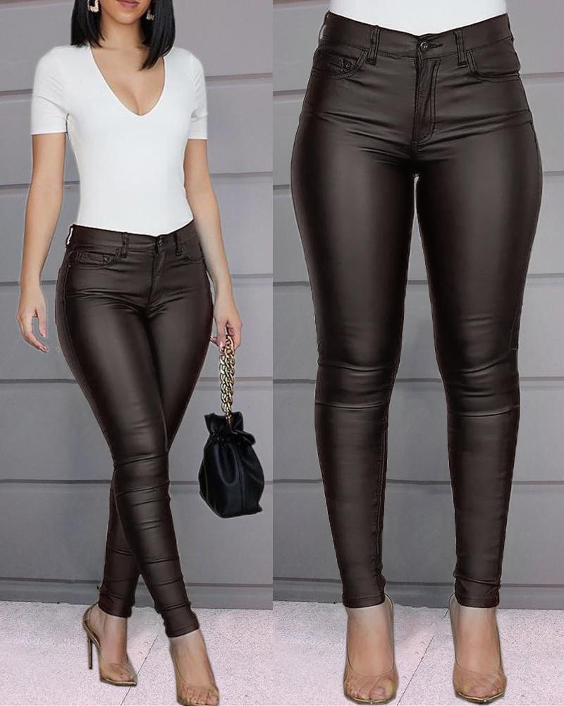 

PU Leather High Waist Single Button Pants, Coffee