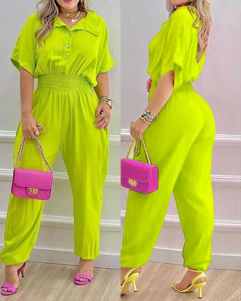 

Button Front Shirred Waist Jumpsuit, Green