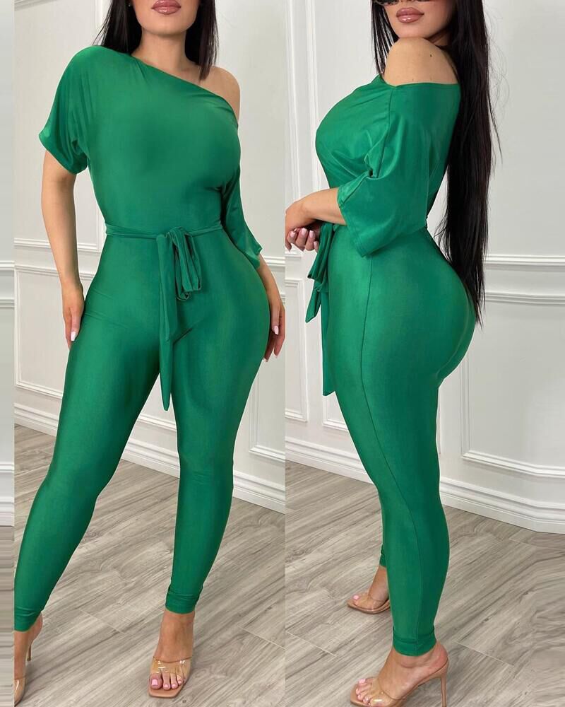 

Plain Skew Neck Belted Skinny Jumpsuit, Green