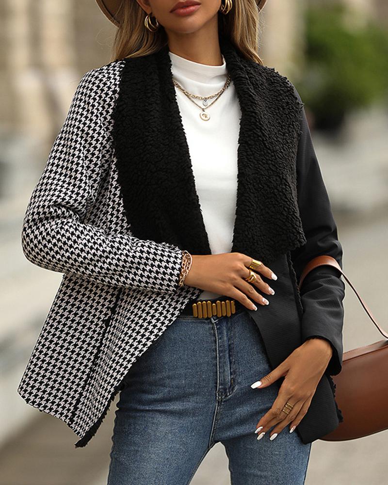 

Houndstooth Print Colorblock Asymmetrical Fleece Coat, Black