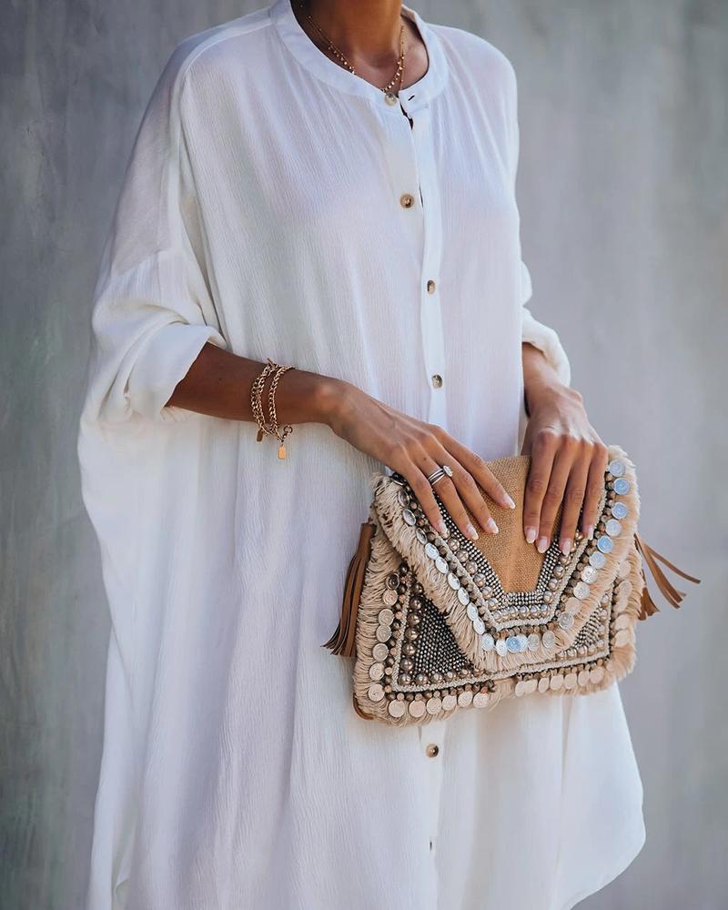 

Button Design Batwing Sleeve Shirt Dress, White